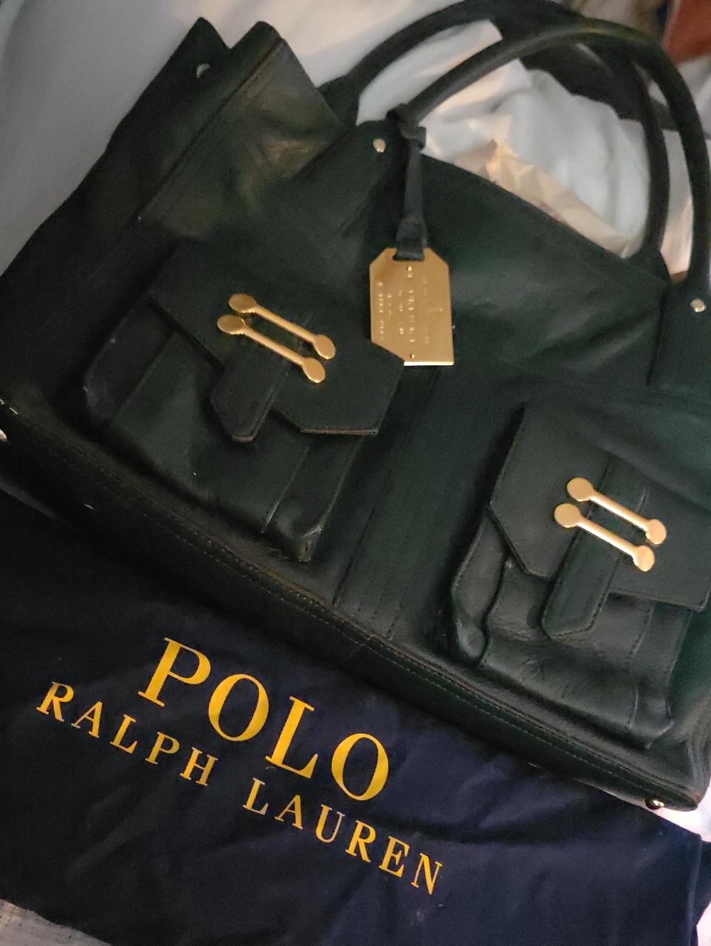 Polo Ralph Lauren Dark Green Leather Tote with Gold Hardware And Orig Duster.